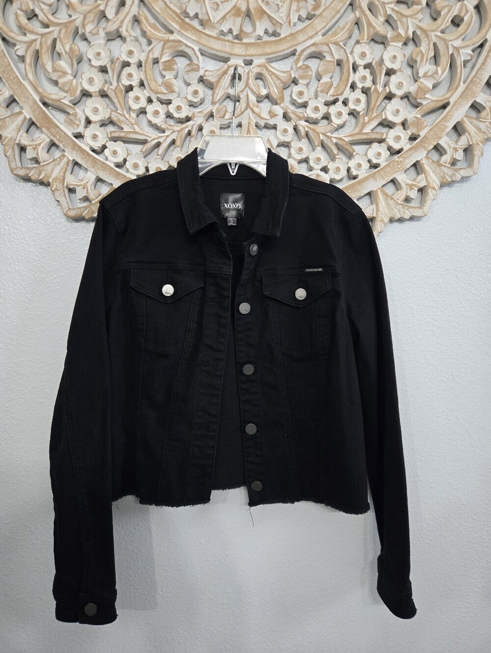 Y2K XOXO Black Cropped Denim Jacket with Button Front